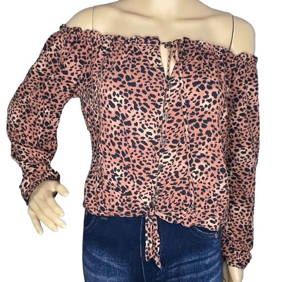 Rewind Leopard Off Shoulder Long Sleeve Button-down Blouse Top Tan Black Medium - Picture 1 of 12